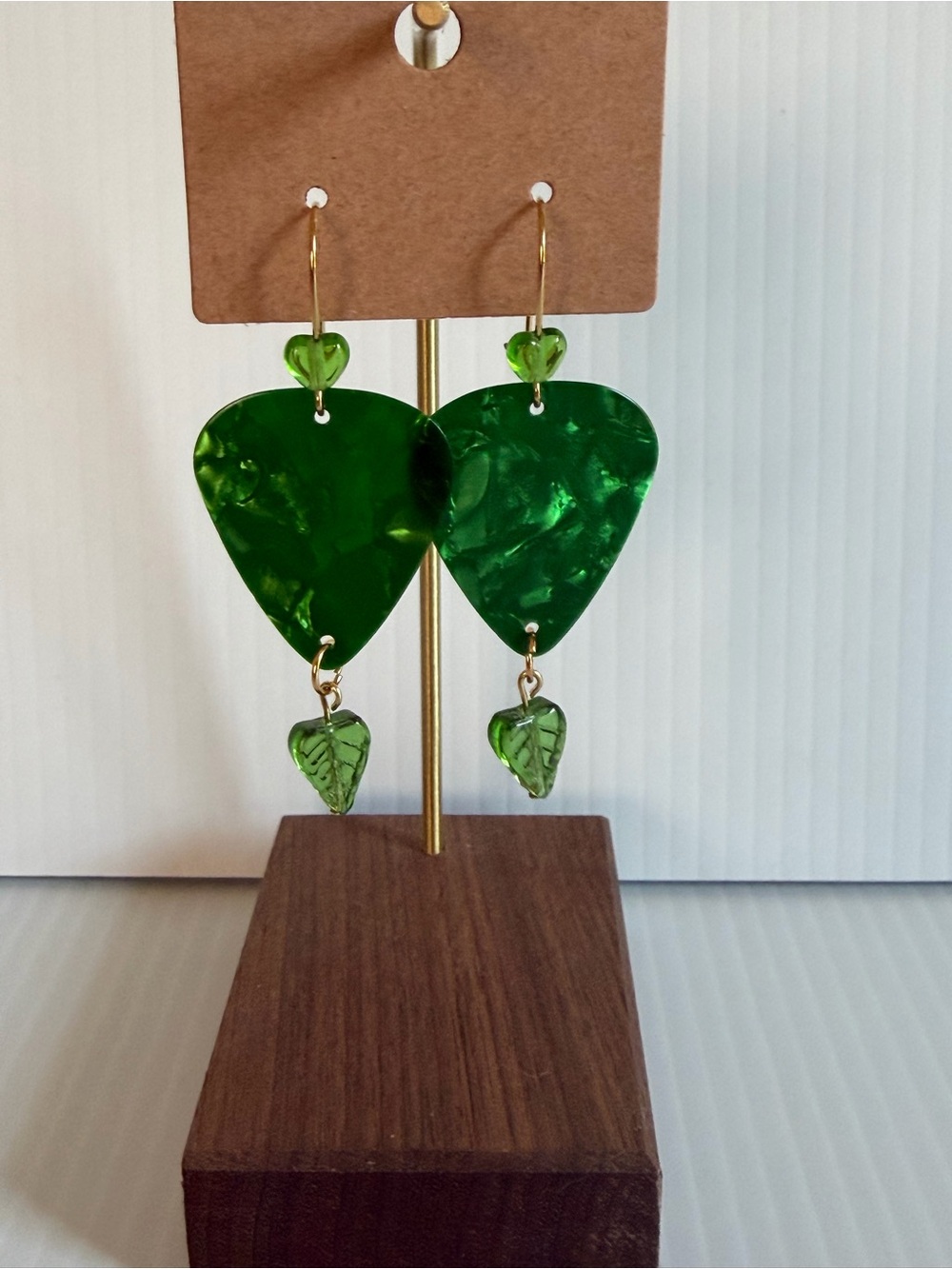 Green Marbled Guitar Pick Beaded Earrings